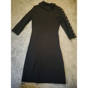 Cynthia Rowley Merino wool Blend pullover Sweater dress, Button Neck Large Black